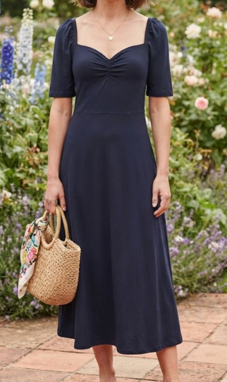 NWT Boden Sweetheart Jersey Midi Dress Womens 8R Navy Blue Short Sleeve Ballet